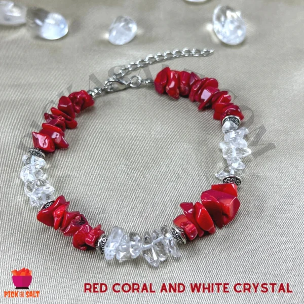 Natural Stone Red Coral and Clear Quartz Chip Bracelet with Adjustable Chain