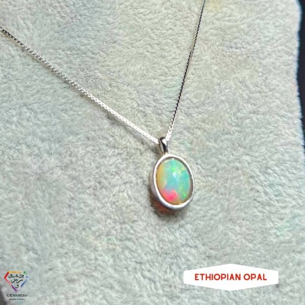 Ethiopian Opal Natural Stone Bezel Set Pendant with Chain