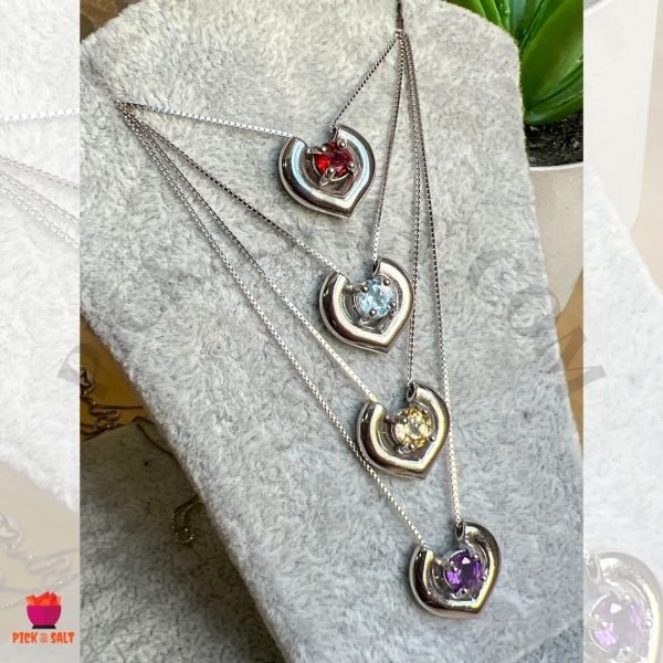 Heart Natural Stone Pendant with Chain - SILVER 925