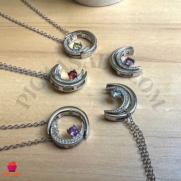 Rotatable Crescent/ Moon Natural Stone Pendant with Chain - SILVER 925