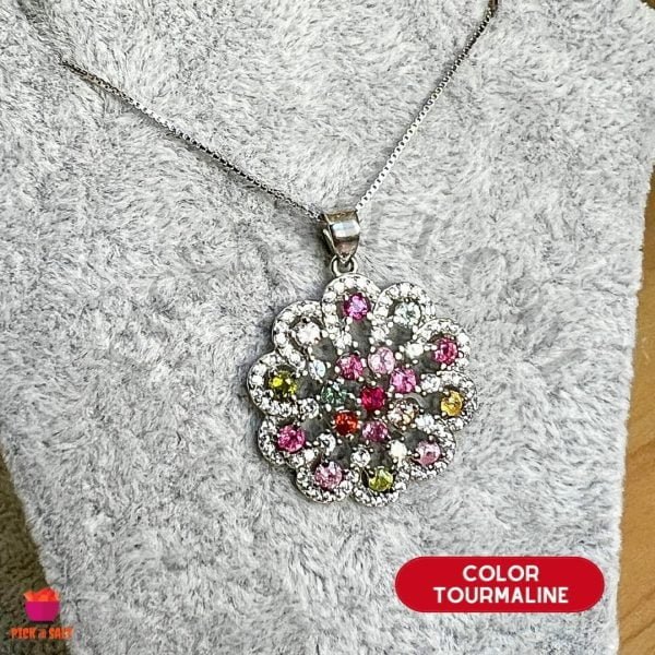 Color Tourmaline Natural Stone Pendant - Silver 925