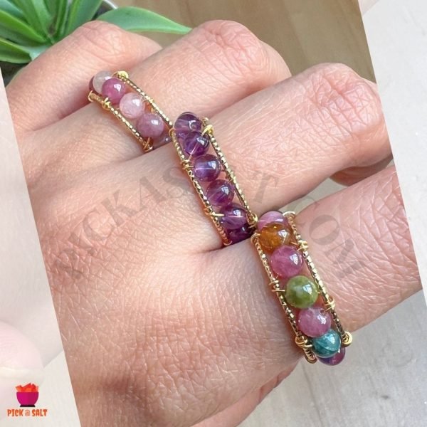 Color Tourmaline and Amethyst Natural Stone Round Ring