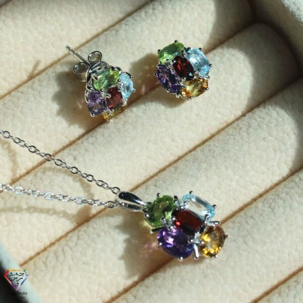 Mixed Stone Natural Stone Set ( Stud Earrings and Pendant with Chain) - Silver 925