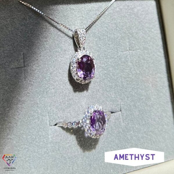 Amethyst Faceted Natural Stone Pendant and Ring Set - Silver 925