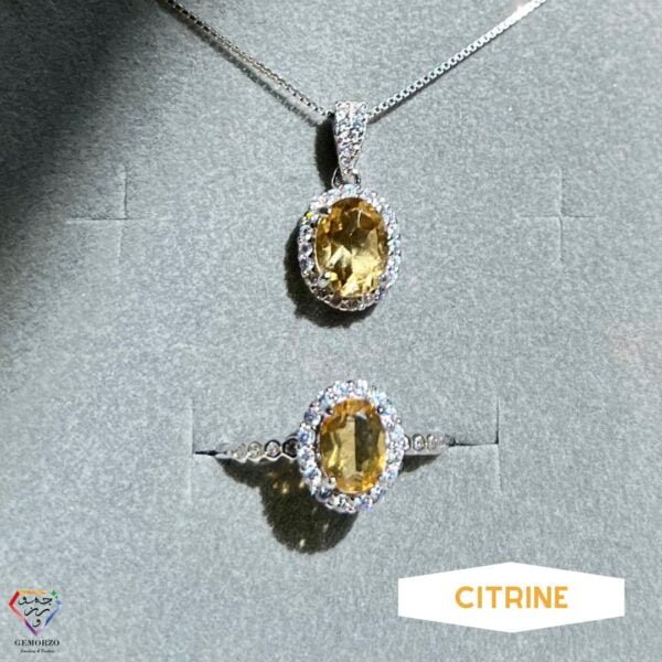 Citrine Faceted Natural Stone Pendant and Ring Set - Silver 925