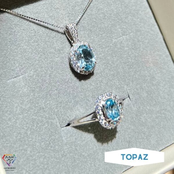 Blue Topaz Faceted Natural Stone Pendant and Ring Set - Silver 925