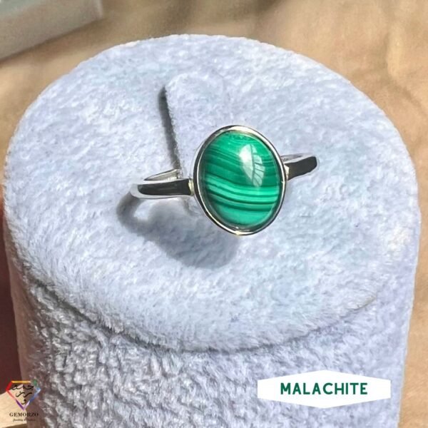 Malachite Natural Stone Bezel Ring - Silver 925 -  Adjustable Size