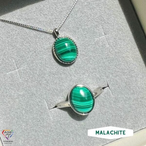 Malachite Natural Stone Bezel Set Pendant and Ring Set - Silver 925