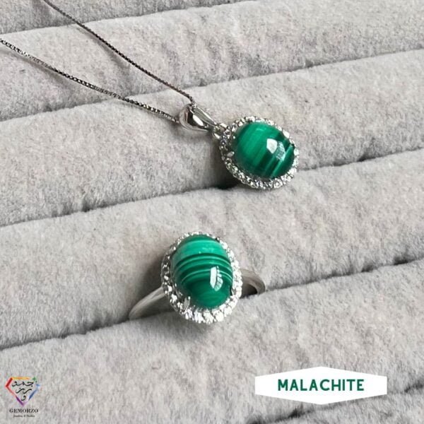 Malachite with Zircons Natural Stone Pendant and Ring Set - Silver 925
