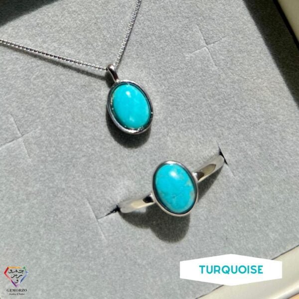 Turquoise Natural Stone Bezel Set Pendant and Ring Set - Silver 925