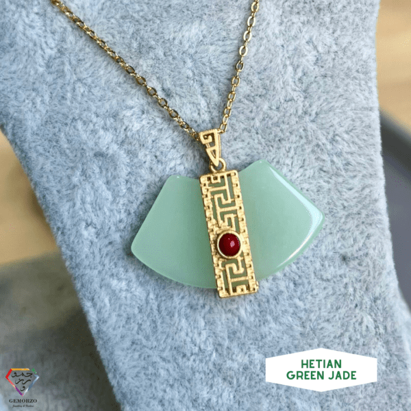 Hetian Green Jade Fan-Shaped Crafted Pendant with Chain - Silver 925 with Gold Plating