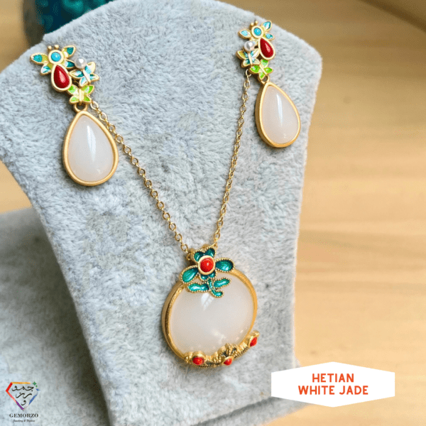 Hetian White Jade Natural Stone Retro Style Earrings and Necklace Set - Silver 925 - Golden Plating
