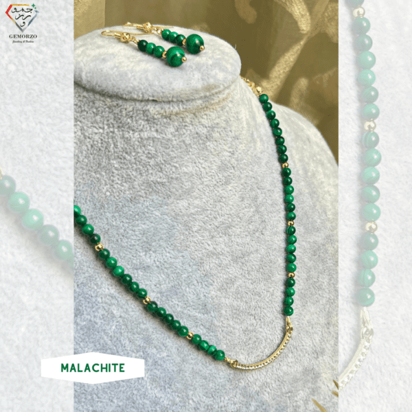 Malachite Natural Stone 4mm Beads Choker Necklace and Earrings -  Gold Plated Accessories
