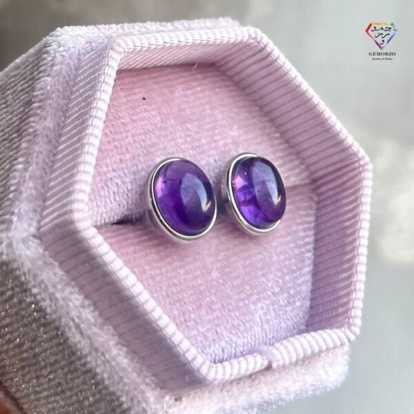 Natural Amethyst Stone Bezel Oval Stud Earrings