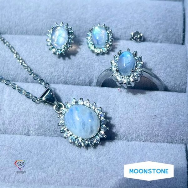 Natural Stone Flashy Moonstone and Zircon Set (Earrings, Necklace With Chain, Ring)