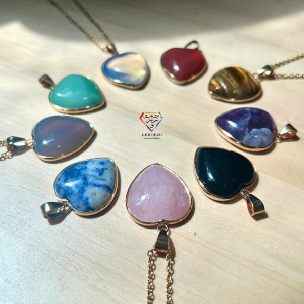 Natural Stone Heart Pendants with Golden Borders and Stainless Steel Chains