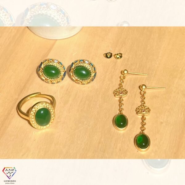 Hetian Green Jade Earrings and Ring- Silver 925 with Gold Plating