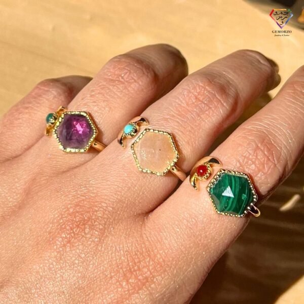 Moon and Hexagon Natural Stone Ring - Gold Plated