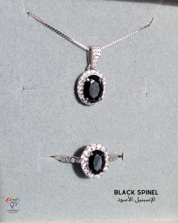 Black Spinel Faceted Natural Stone Pendant and Ring Set - Silver 925