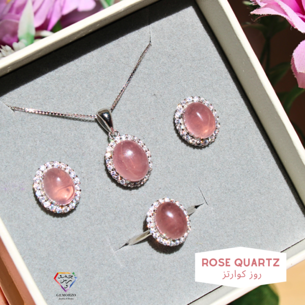 Madagascar Rose Quartz Top Quality Natural Stone Earrings, Pendant and Ring Set - Silver 925