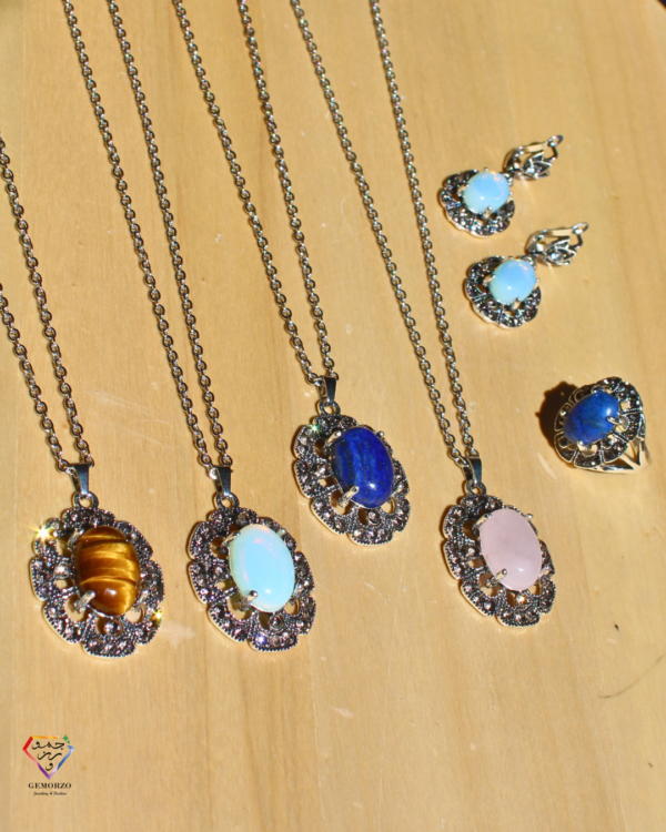 Antique Flower Style - Natural Stones (Rose Quartz, Lapis Lazuli, Tiger's Eye, Opalite) Earrings, Pendant and Ring Set