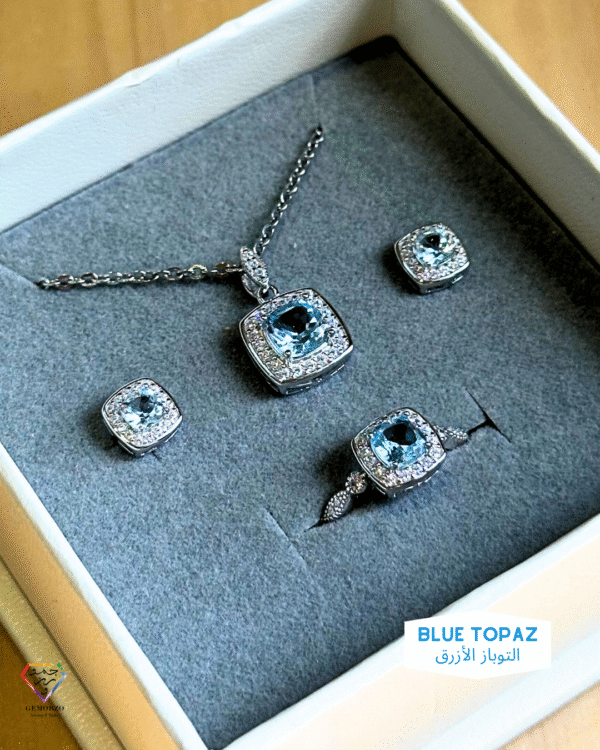 Natural Stone Elegant Blue Topaz and Zircon Set (Earrings, Necklace With Chain, Ring)
