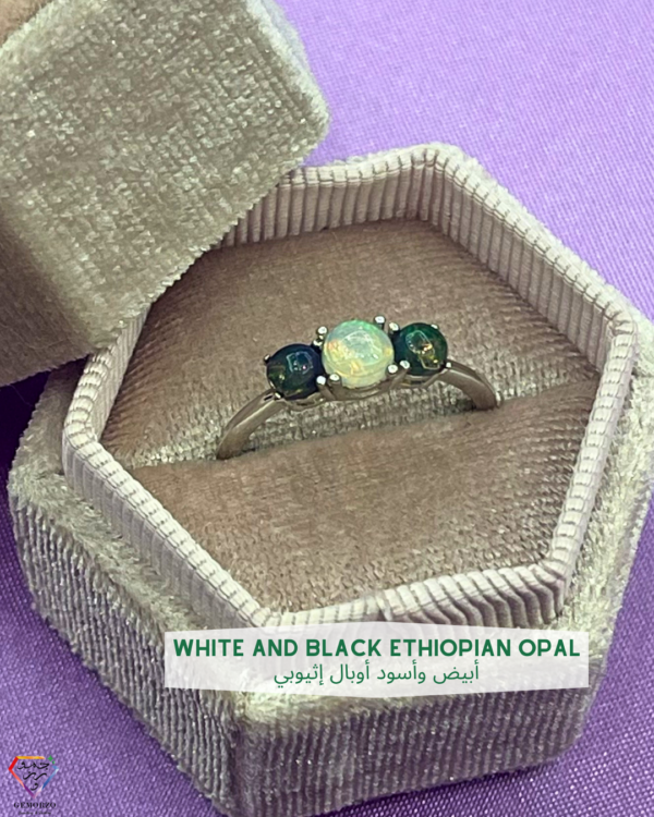 Black and White Ethiopian Opal Natural Stone Ring - Silver 925 - Adjustable Size
